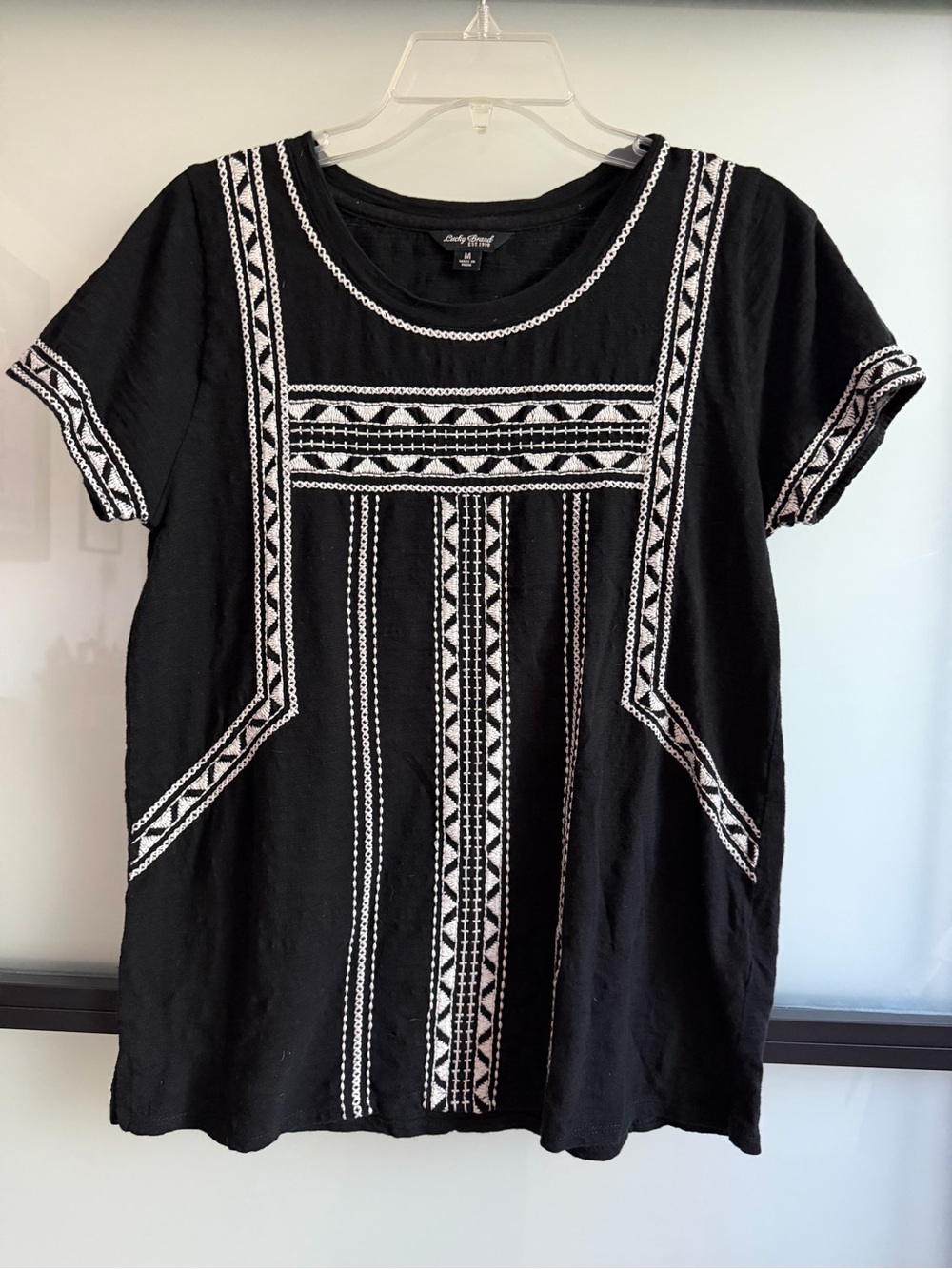 Lucky Brand M Black White Embroidered Boho Geometric Peasant